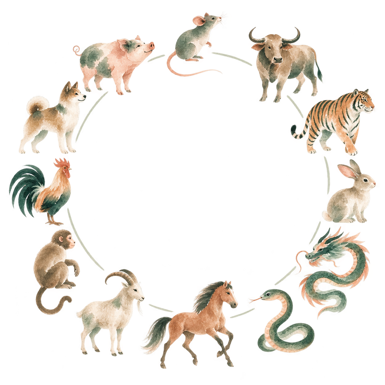 Simple watercolour circle of the twelve Chinese zodiac animals