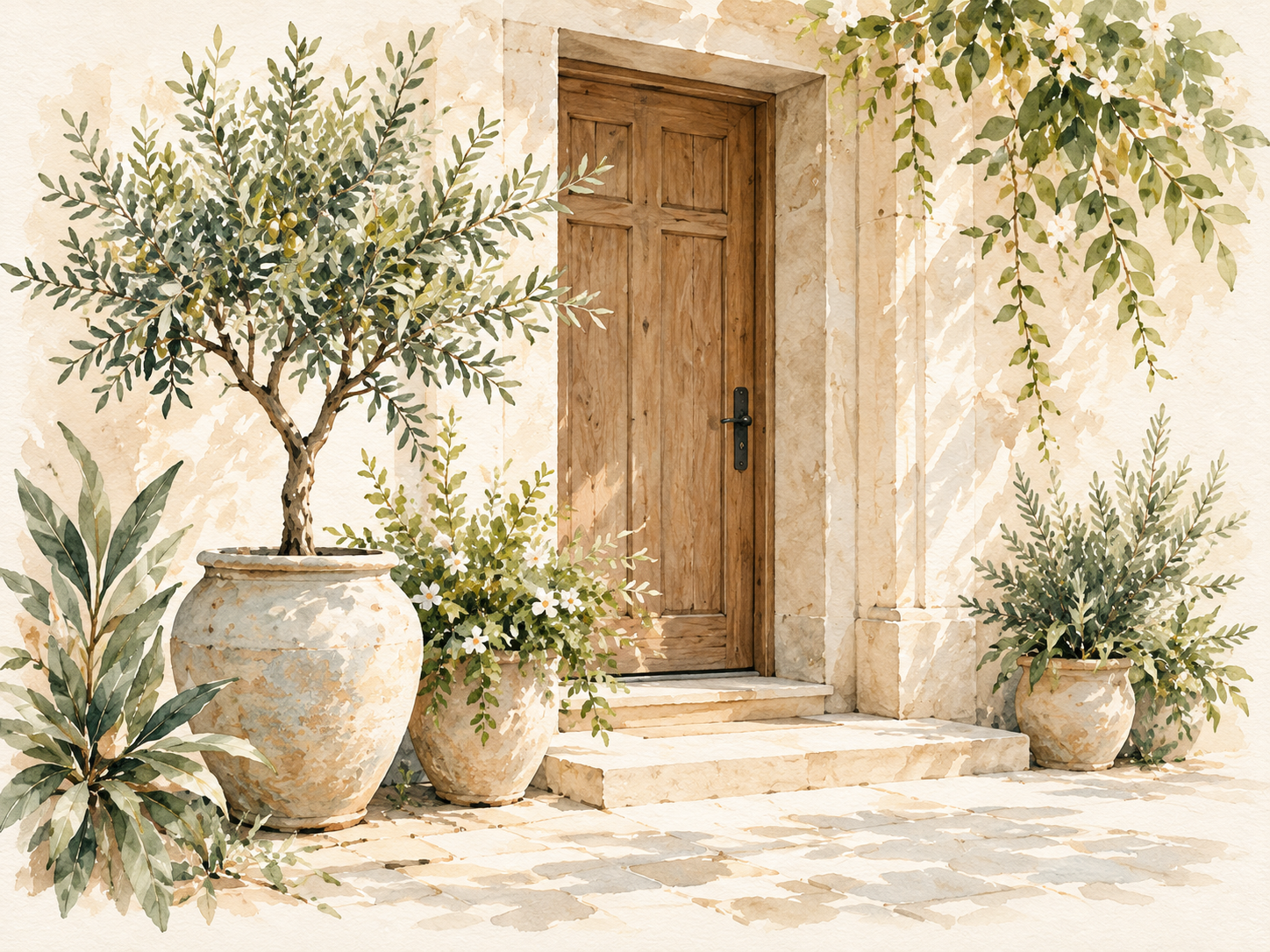 Watercolour of a welcoming front door with an olive tree