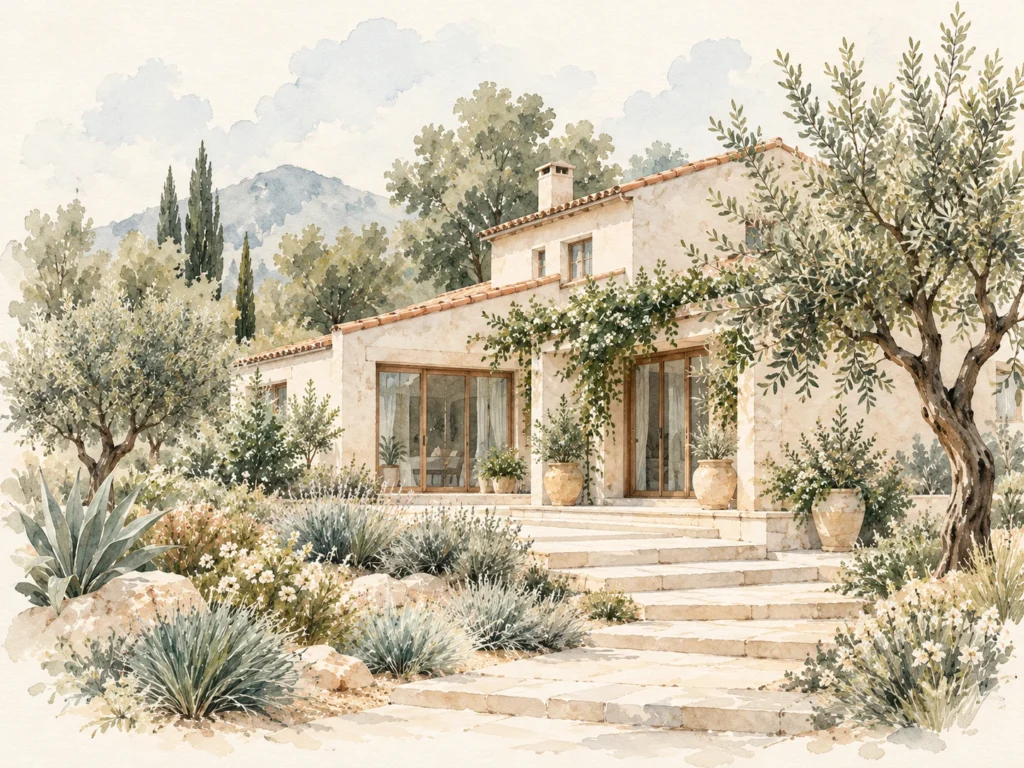 Watercolour of a peaceful home surrounded by sage trees and a natural garden