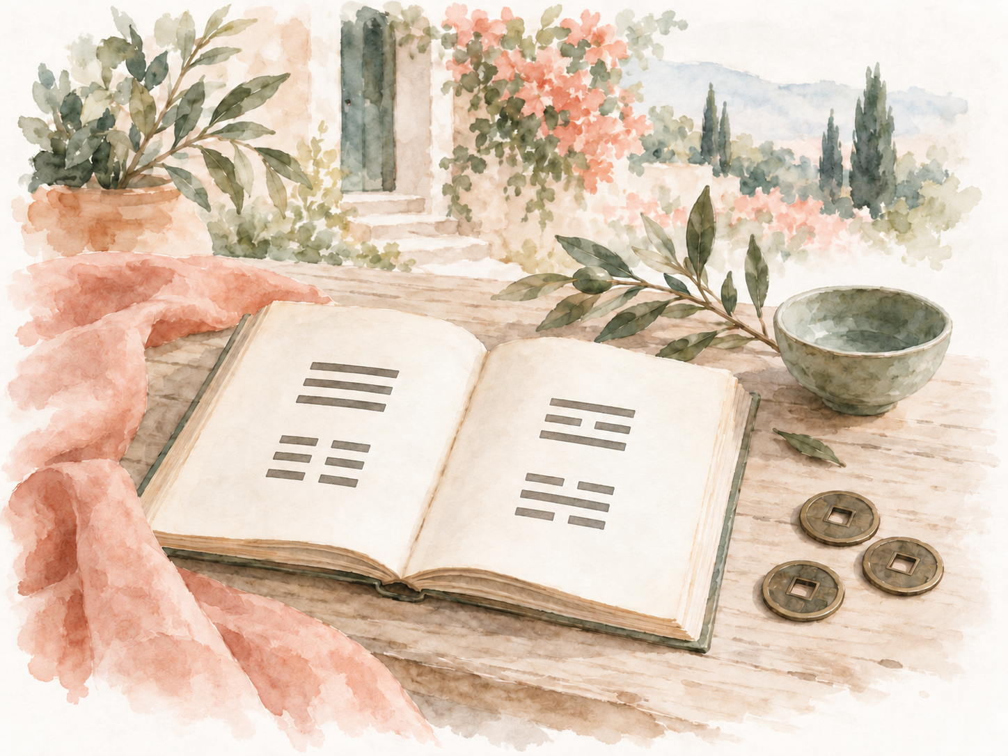 Watercolour I Ching book showing four different three-line trigrams