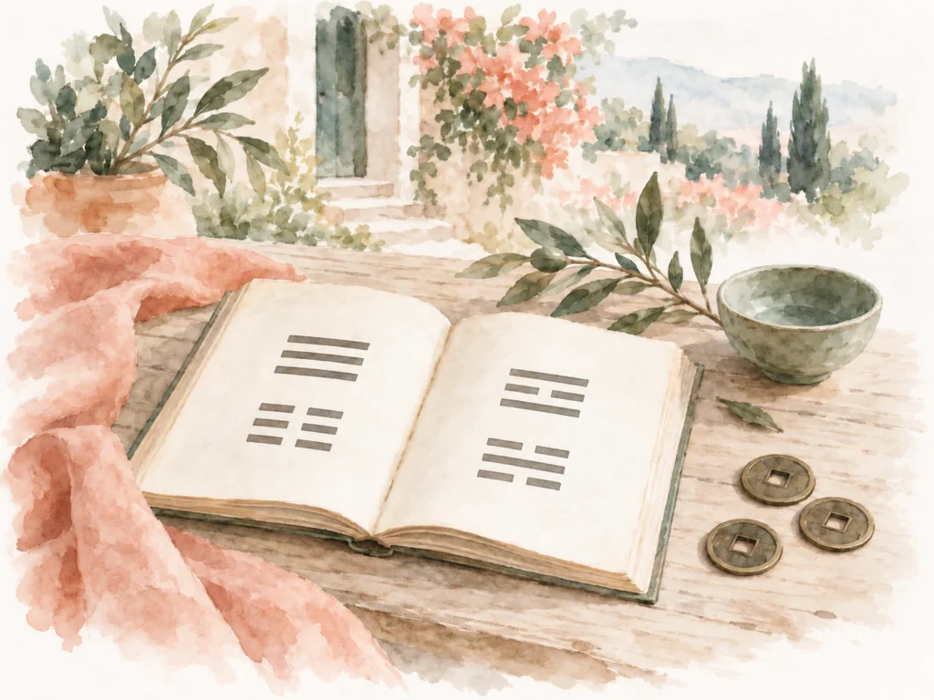 Watercolour I Ching book with four different three-line trigrams, coins and a sage ceramic bowl