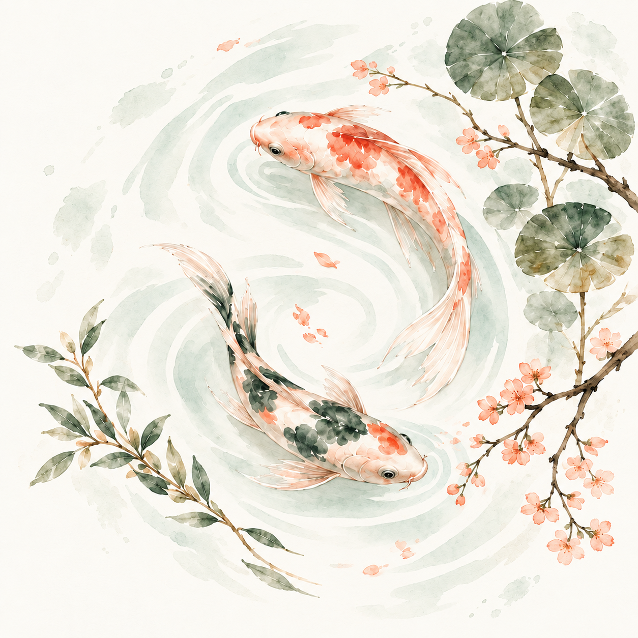 Two watercolour koi in gentle pale sage ripples, framed by leaves and coral blossoms