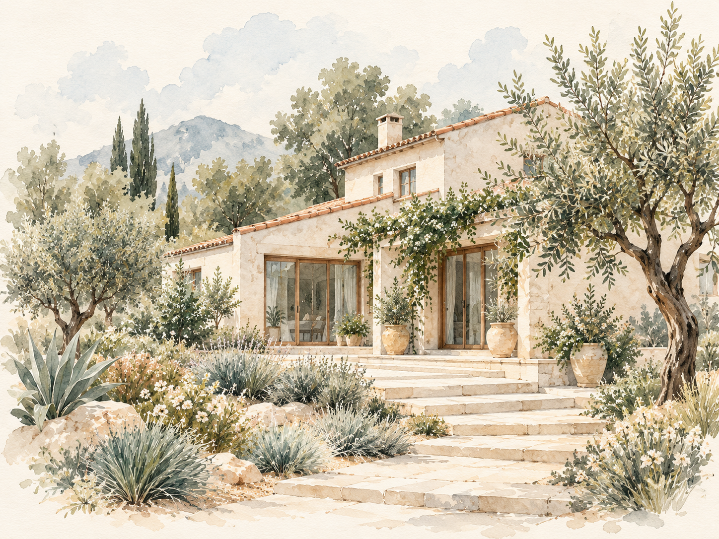 Watercolour of a peaceful home surrounded by olive trees and a garden