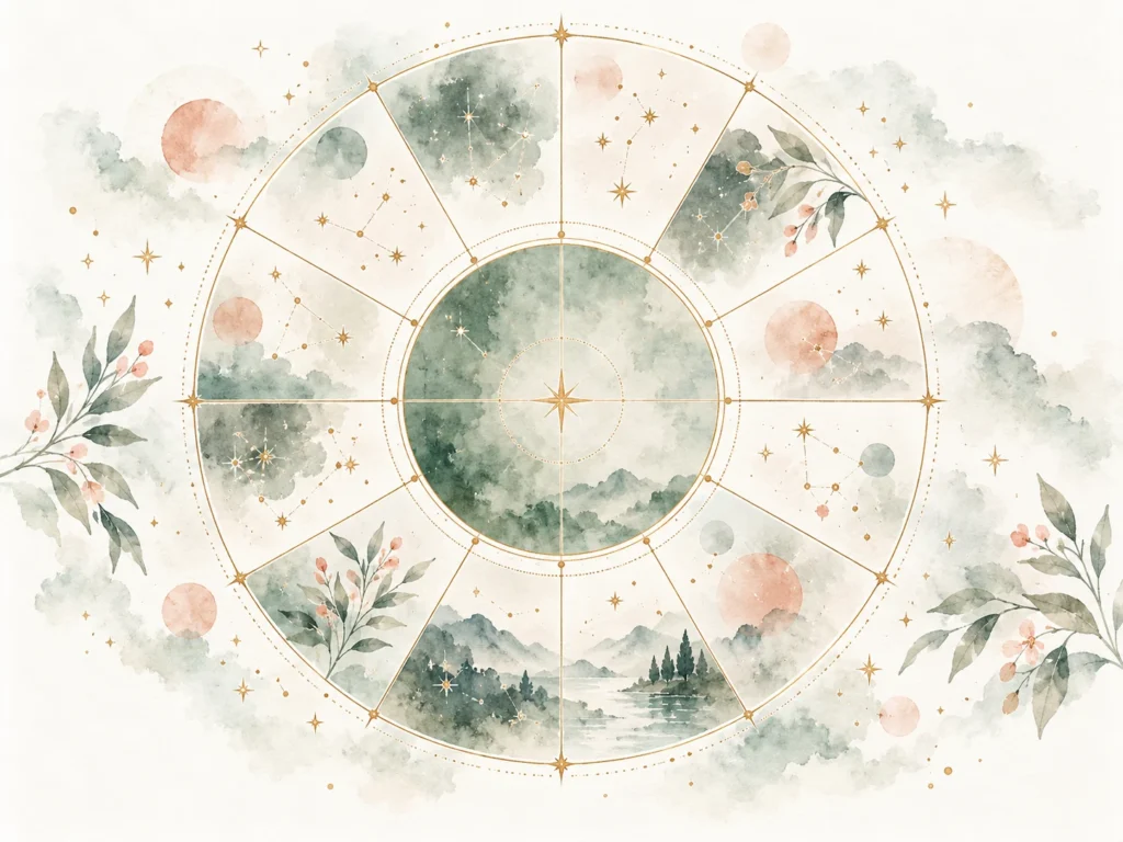 Soft sage and coral watercolour life-chart wheel with stars, mountains and botanical details